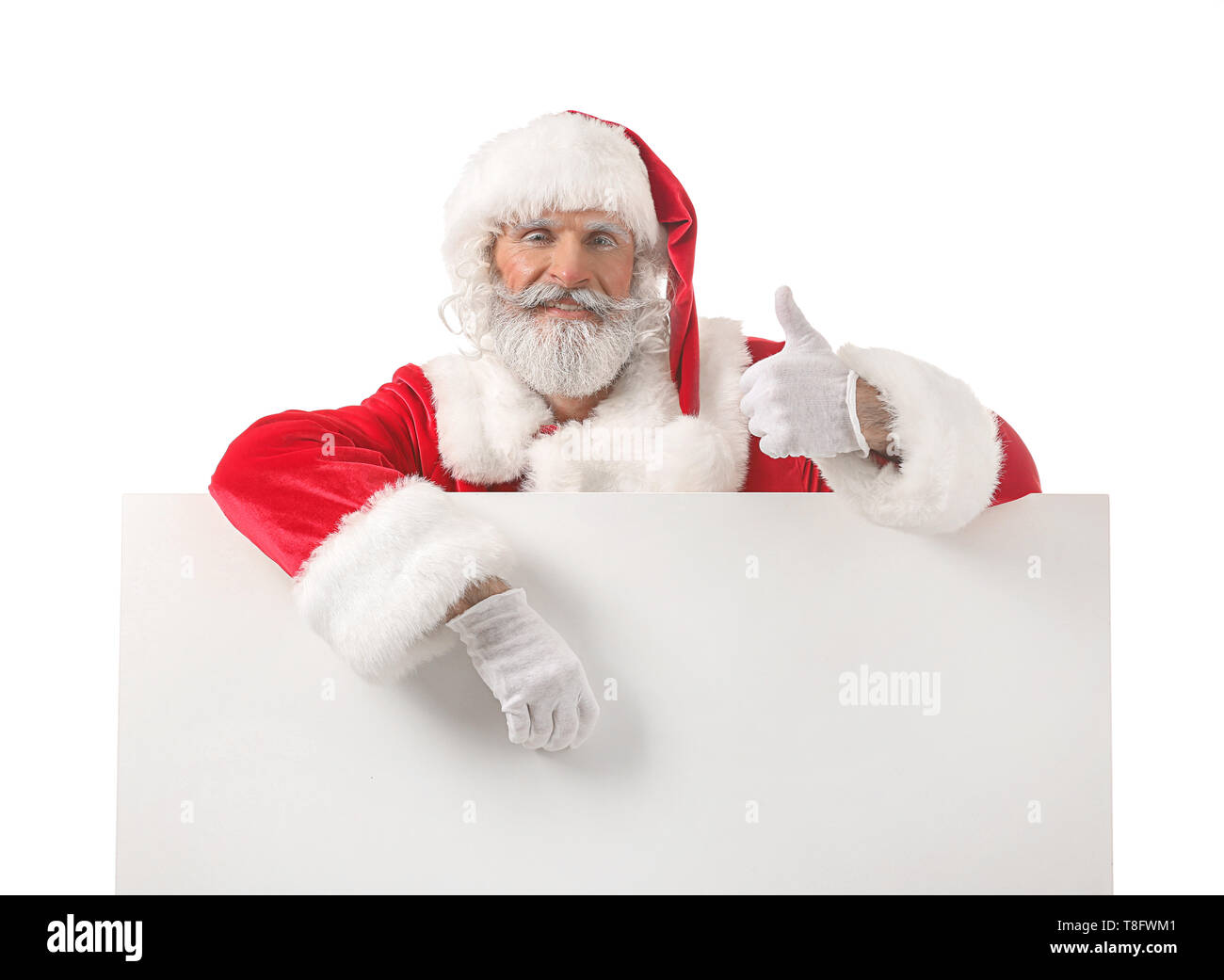Portrait of Santa Claus with blank poster on white background Stock ...