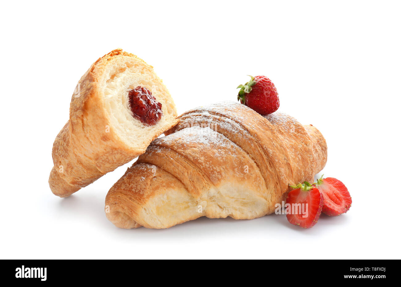 Tasty croissants with raspberry jam on white background Stock Photo