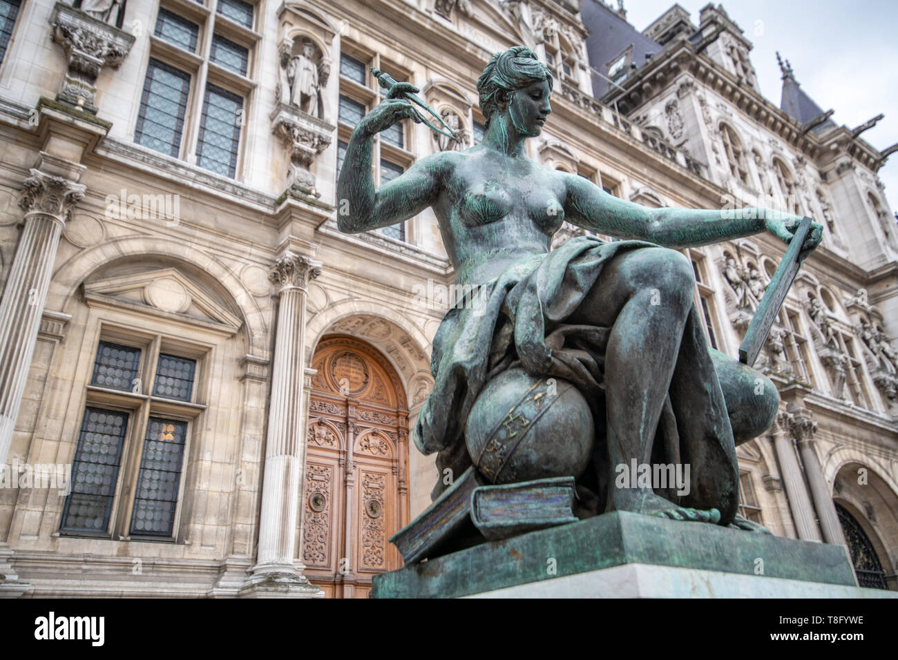 Jules Blanchard 'Science' statue outside the Hotel de Ville - Paris, France Stock Photo