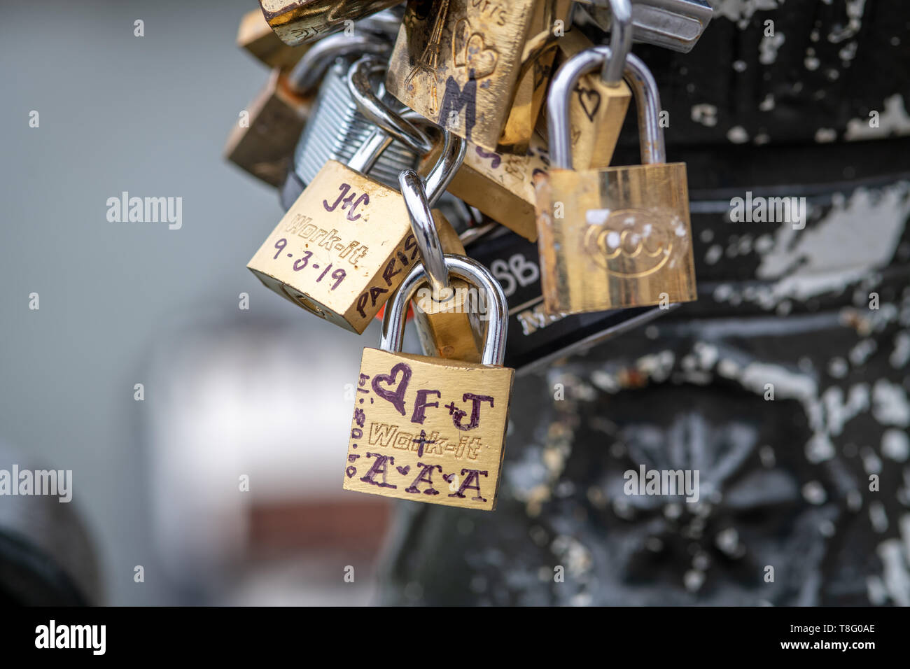 Locks lining the Pont des Arts bridge , also known as the Love Locks Bridge, Paris, FrancePont des Arts bridge , also known as the Love Locks Bridge   Stock Photo