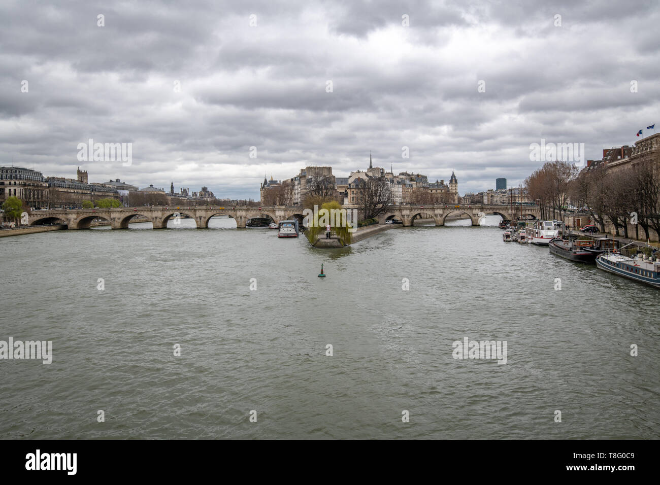 View of the river Siene from the Pont des Arts bridge , also known as the Love Locks Bridge   - Paris, France Stock Photo