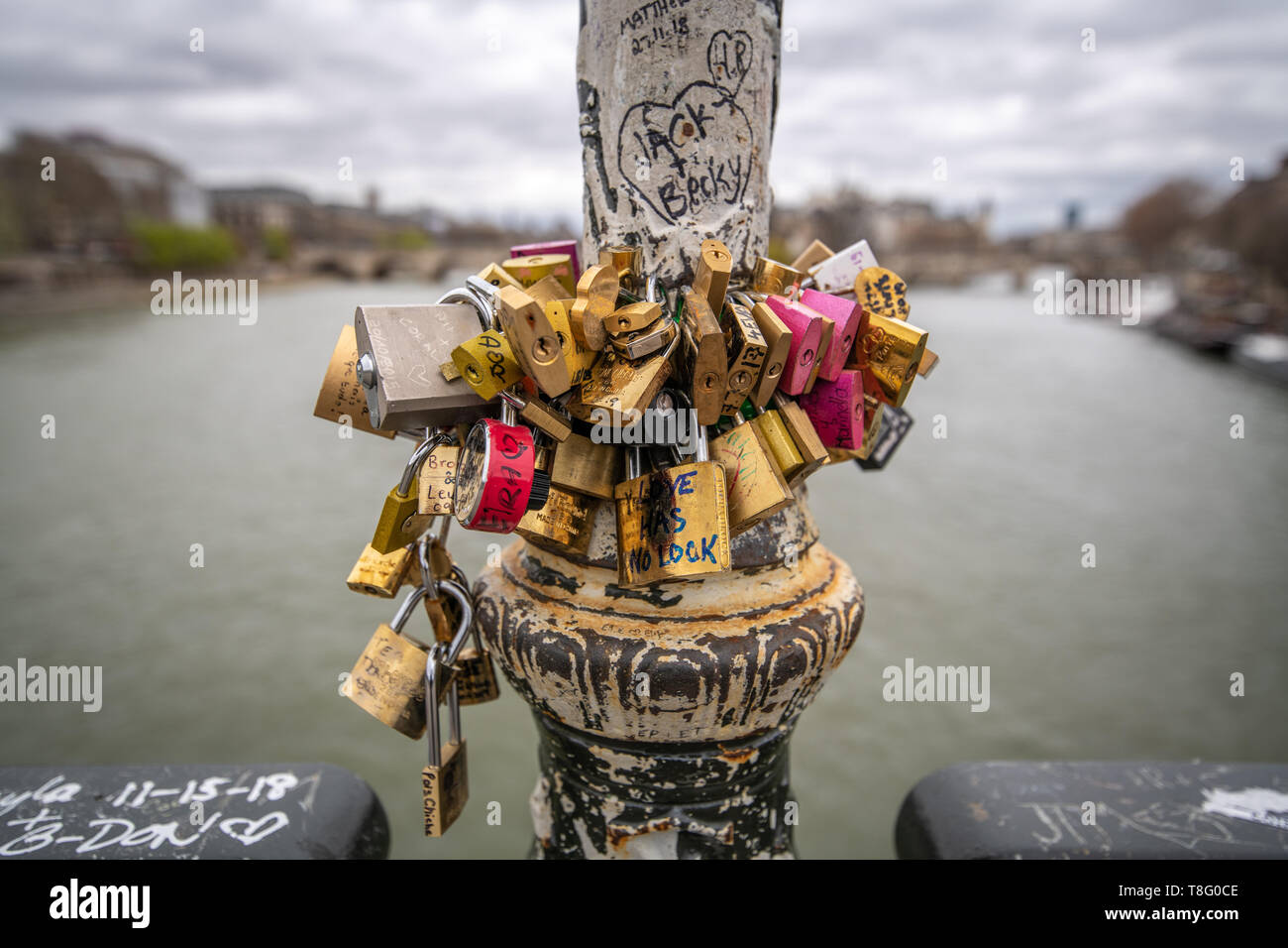 Locks lining the Pont des Arts bridge , also known as the Love Locks Bridge, Paris, FrancePont des Arts bridge , also known as the Love Locks Bridge   Stock Photo