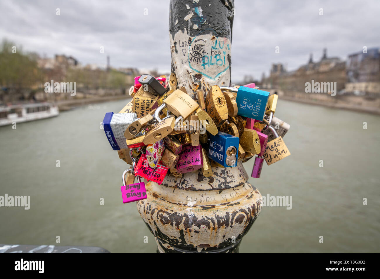 Locks lining the Pont des Arts bridge , also known as the Love Locks Bridge, Paris, FrancePont des Arts bridge , also known as the Love Locks Bridge   Stock Photo