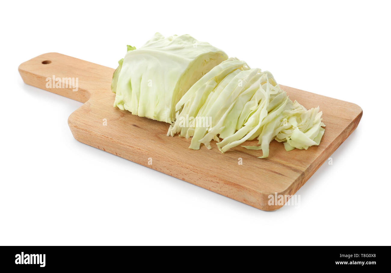 Wooden board with cut cabbage on white background Stock Photo - Alamy