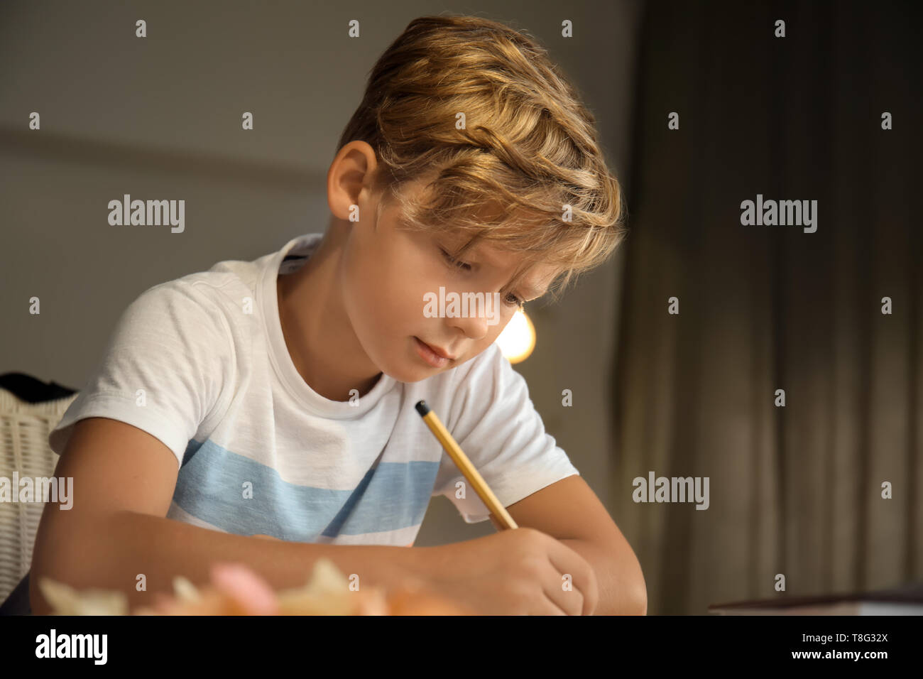 Boy Learning Lesson Cute little boy doing his lessons at home Stock Photo - Alamy