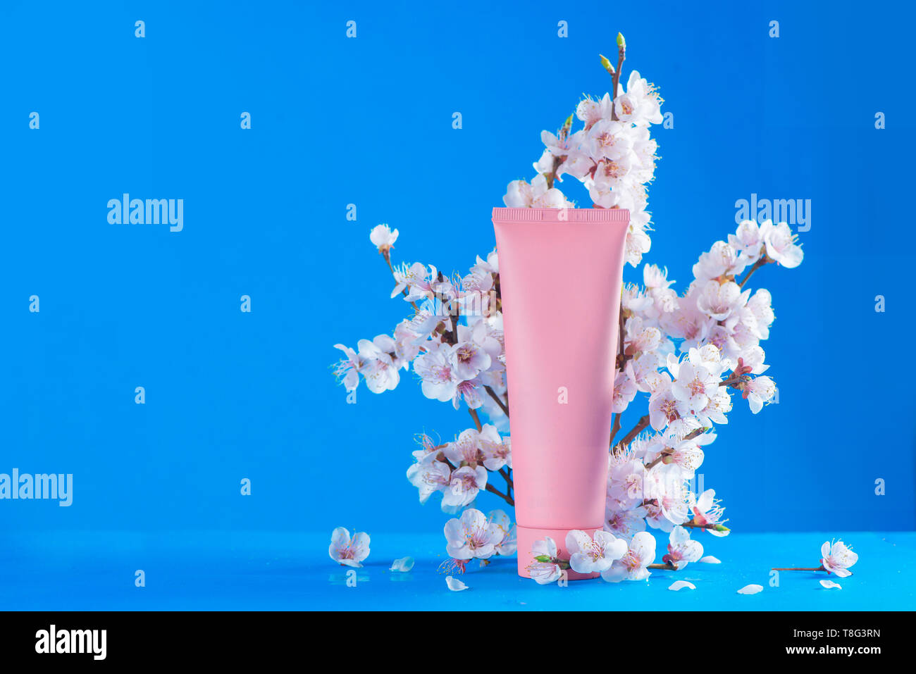 Cherry blossom cosmetics header. Pink creme tube with spring flowers on a sky blue background with copy space. Stock Photo