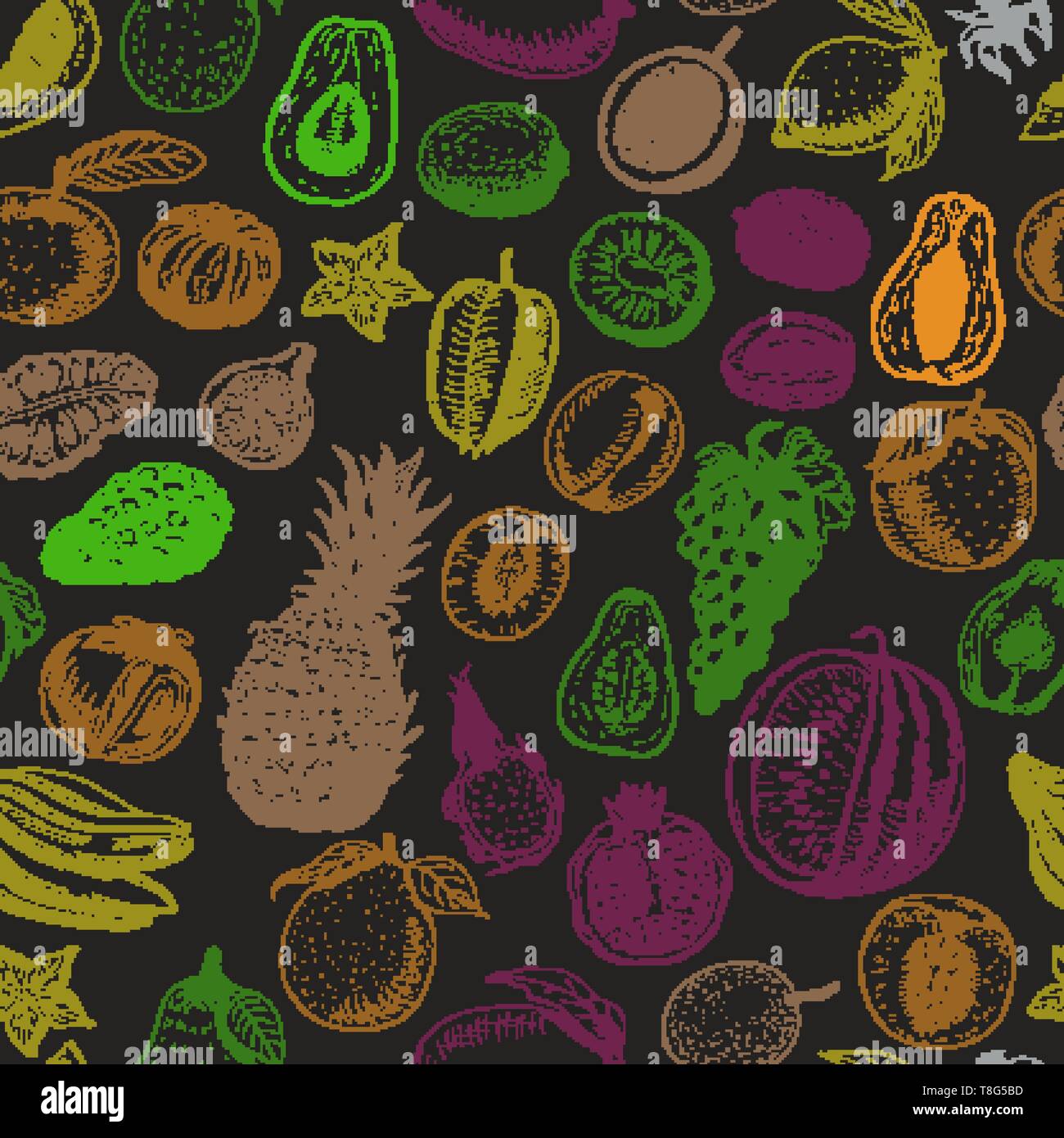 Seamless pattern with colored fruits on black background. Vector ...
