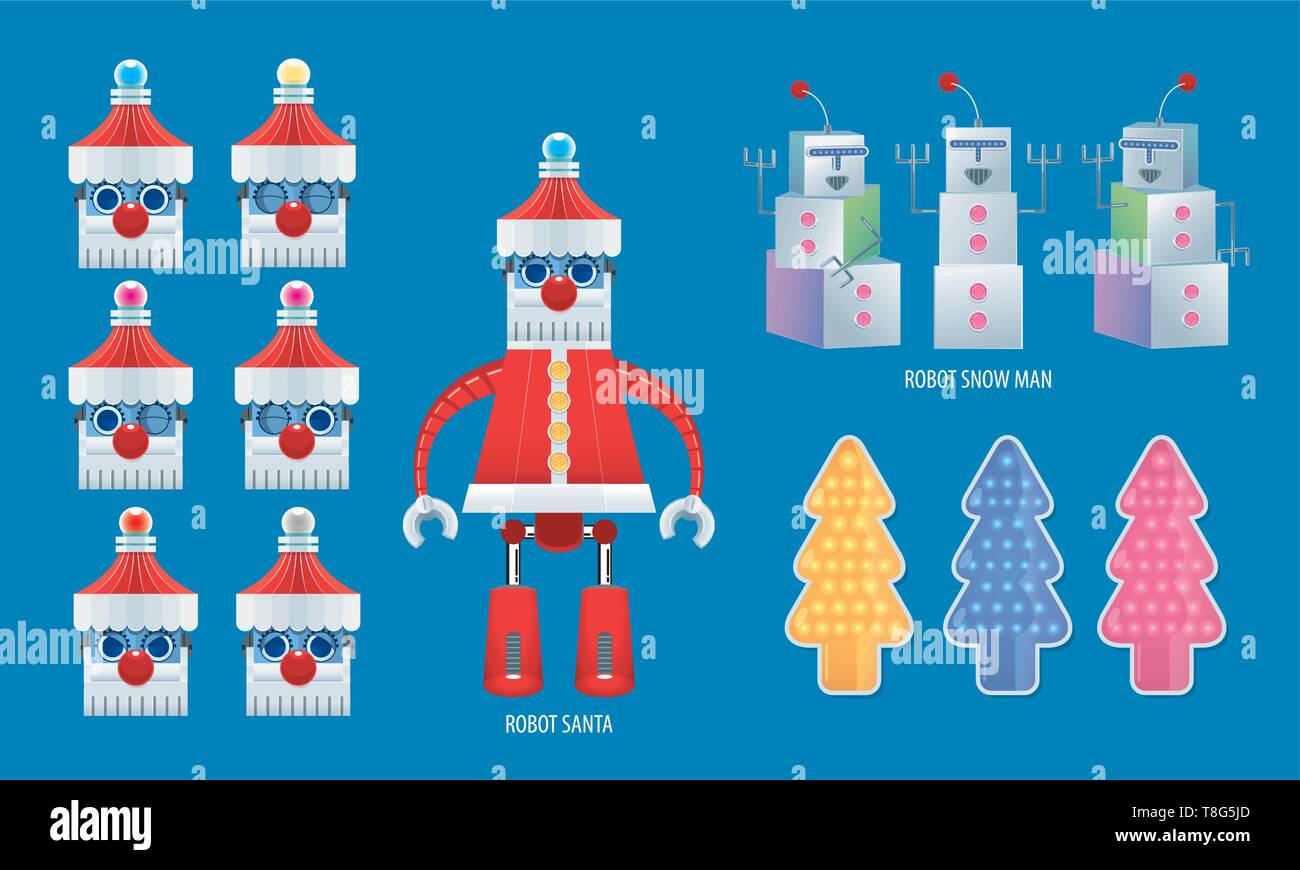 Isolated robot Santa with different emotions, and also robot snow man