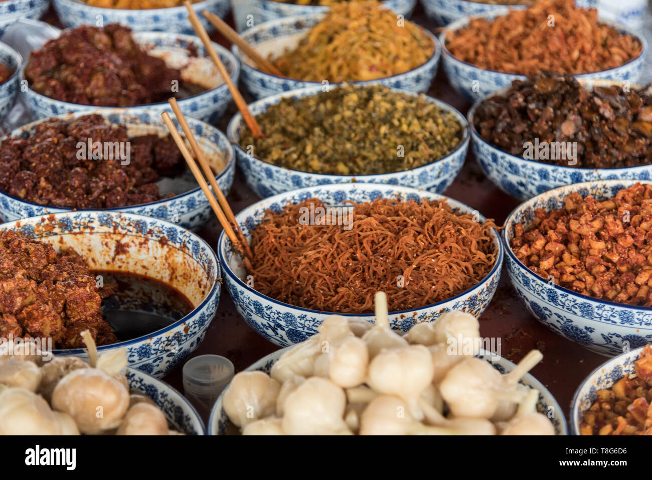 Food for sale at the food market in Sichuan, China Stock Photo