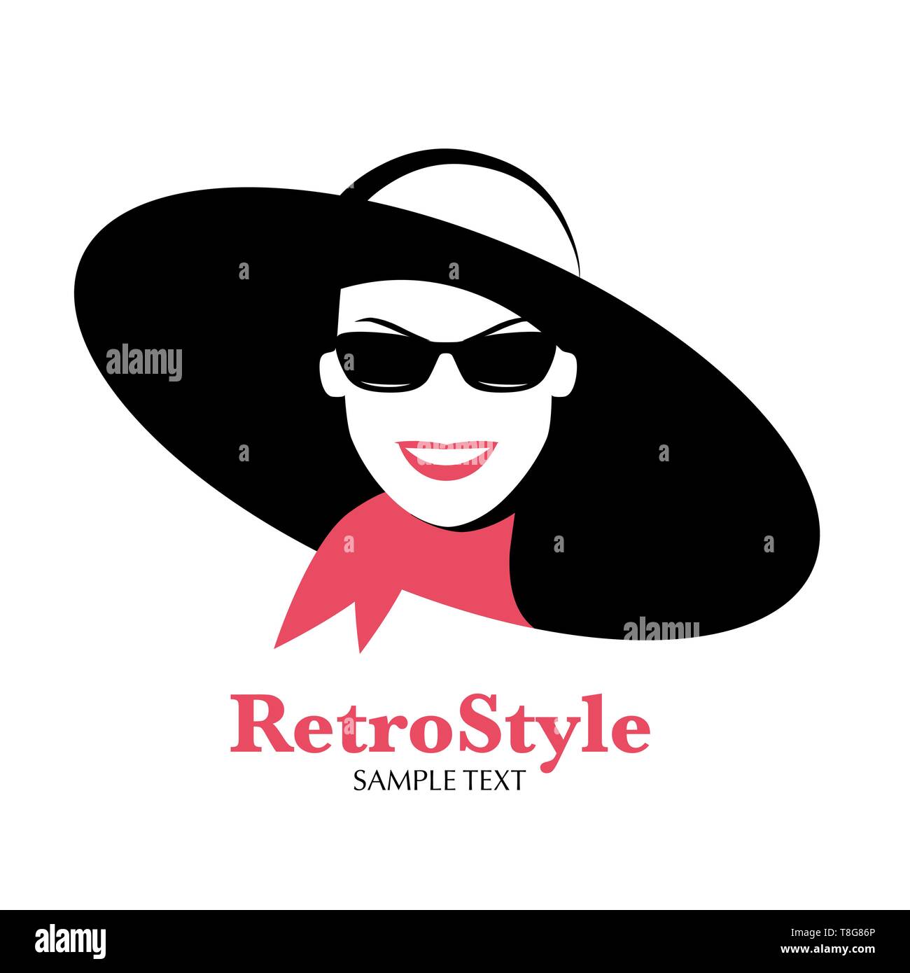 Icon or avatar of smiling woman with hat, sunglasses and headscarf in retro style, isolated on white background Stock Vector