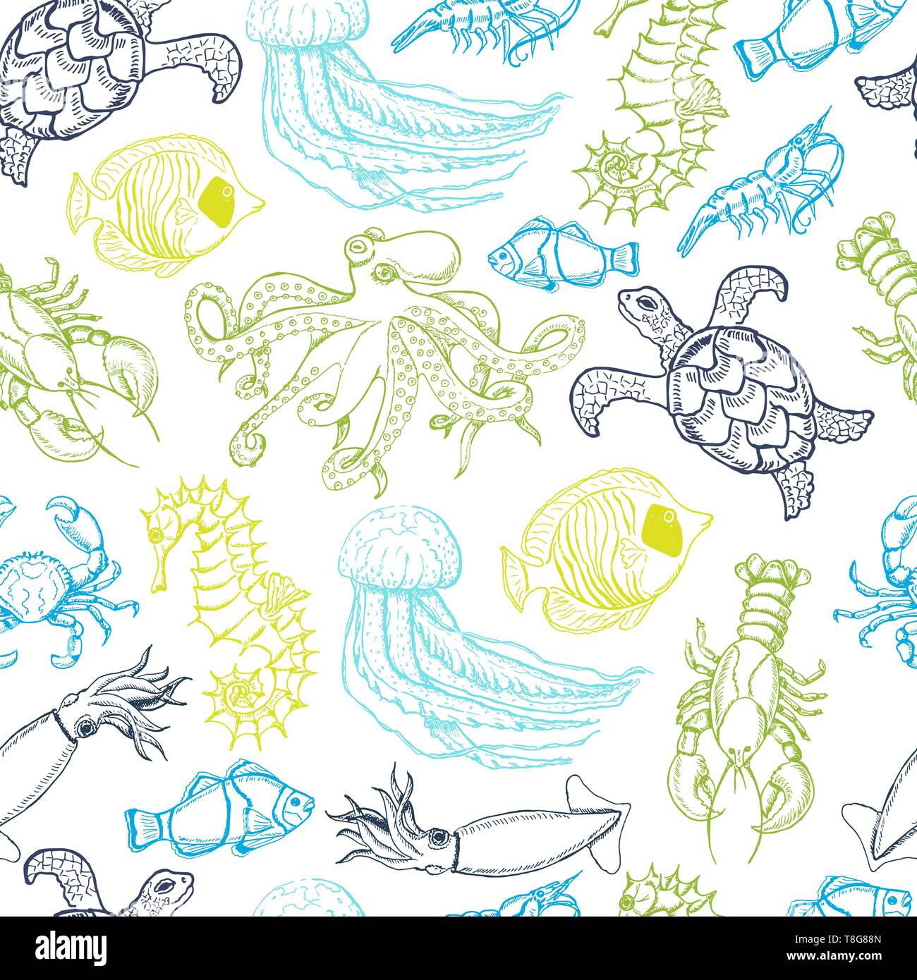Seamless pattern with hand drawn sea animals. Vector illustration for your design Stock Vector