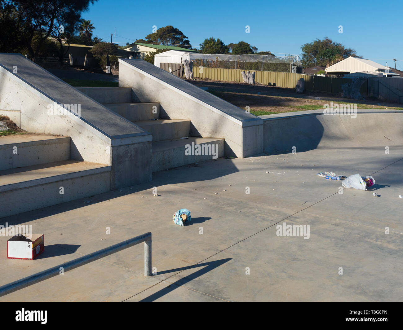 Rubbish and rocks dumped at the Kingscote Youth and Skate Park in Soldiers Memorial Park on Kangaroo Island, Australia. Stock Photo