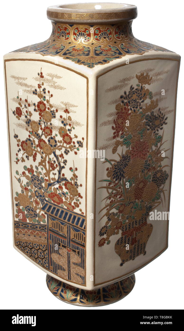 A Japanese Satsuma vase Meiji period. Four-sided body with short, compressed neck and foot. Clay with fine craquelure and polychrome floral over glaze painting. Shimazu mon at base, workshop inscription in gold lacquer and kakihan. Height 38 cm. historic, historical, Japanese, Asian, Asia, Far East, object, objects, stills, clipping, clippings, cut out, cut-out, cut-outs, 20th century, 19th century, Additional-Rights-Clearance-Info-Not-Available Stock Photo