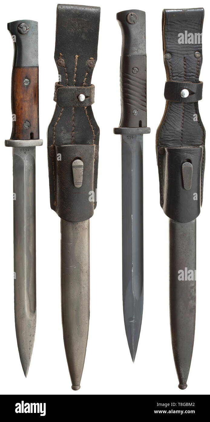 21 bayonets M 84/98 Matching numbers, complete with sheaths and leather frogs (leather partly stamped). Manufacturers (partly coded) e.g. Elite-Diamant, P. Weyersberg, Hörster, Gebr. Heller, F. Herder and Corts. Nine bayonets with wooden and eleven with Bakelite grip panels. Lightly damaged in places, traces of usage and age. Length circa 40 cm. historic, historical, accessory, accessories, miscellaneous, sundries, other, utility, utilities, equipment, utensil, piece of equipment, utensils, object, objects, stills, clipping, clippings, cut out, c, Additional-Rights-Clearance-Info-Not-Available Stock Photo