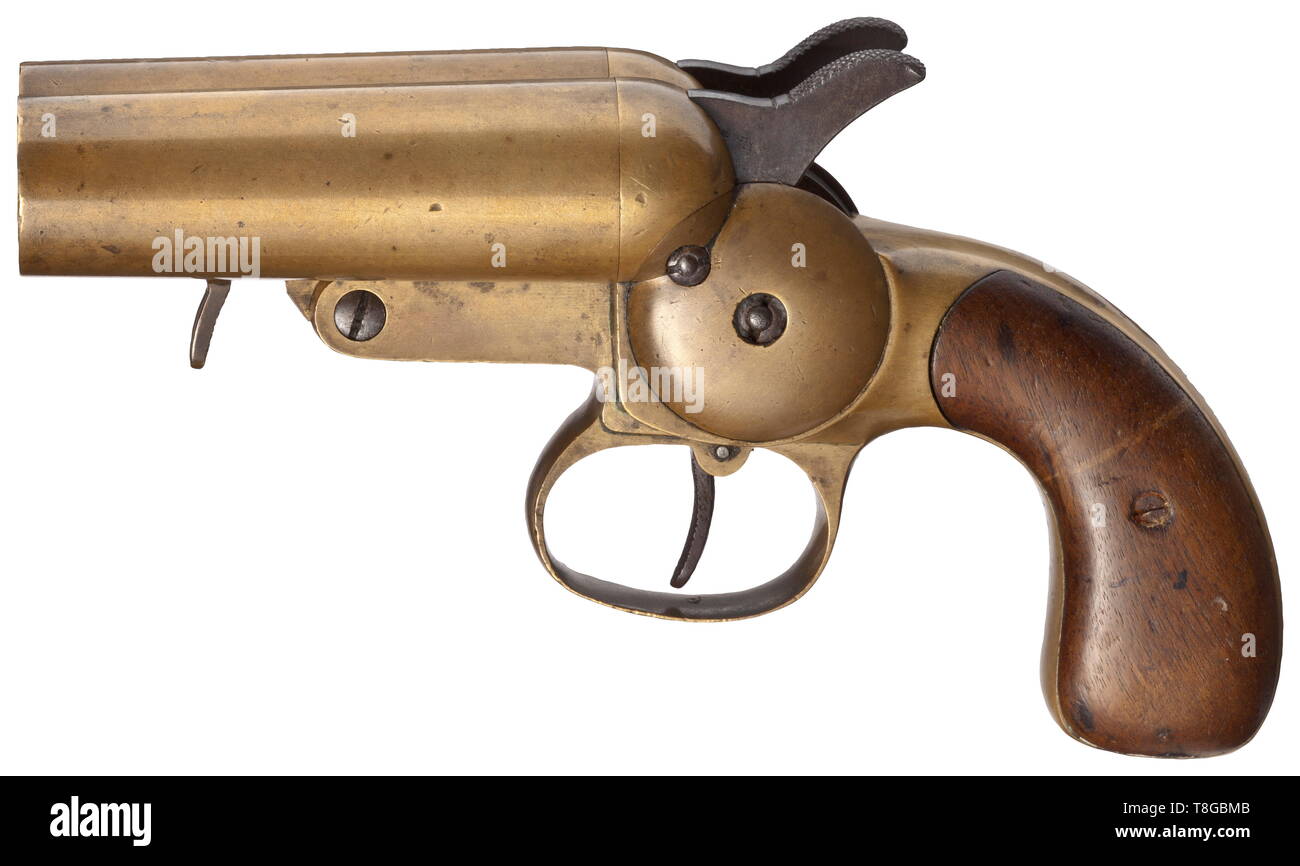 A double-barrelled navy signal pistol M 1899 ('Submarine Modified') of the imperial navy Cal. 4, no. 438. Matching numbers. Drop barrels, bright bores with locking rod and ribbed brass contact piece. Barrel lengths 105 mm. Total length 220 mm. Weight 2140 g. On pommel finely engraved 'F.L. / No. 438' for Fritz Langenhan manufacture, Zella-Mehlis. In front of it supplementary deep stamp 'apt.' which indicates later adaptation to cal. 4 by the Schilling Company, Suhl. Brass grip frame and double barrels. The ribbed trigger and both strong, ribbed h, Additional-Rights-Clearance-Info-Not-Available Stock Photo