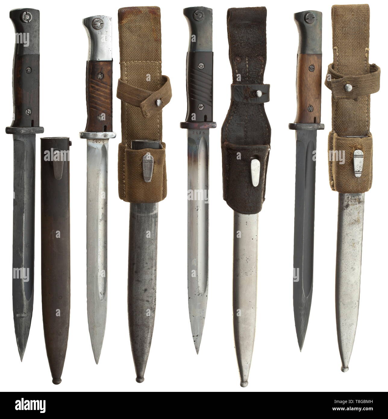 30 bayonets M 84/98 and two further models No matching numbers. Manufacturer (partly coded) e. g. Eickhorn, Höller, Alcoso, Hörster. 14 bayonets with wooden grip panels, complete with sheaths and frogs (two of them web strap), one specimen without frog and five without sheaths. Seven bayonets with Bakelite grip panels (three of them with sheaths and leather frogs, four without sheaths). On top of this KS 98 with sheath (manufacturer Wingen, Solingen) and another European model. Partly lightly damaged, traces of usage and age. Length circa 35 - 40, Additional-Rights-Clearance-Info-Not-Available Stock Photo
