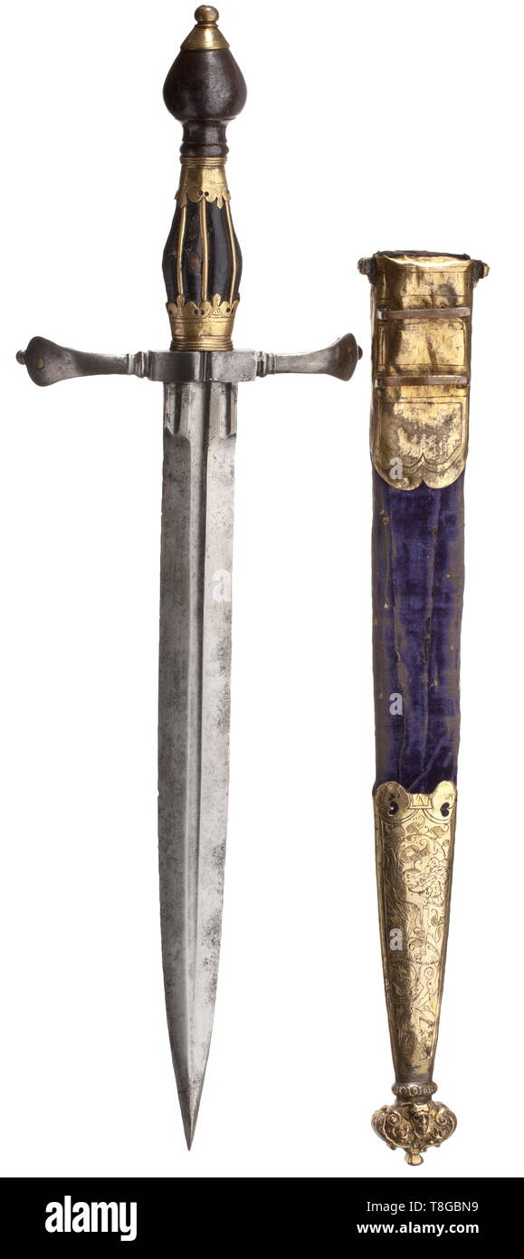 A German Gilt Renaissance Dagger 16th 19th Century Double Edged Blade Grooved On Both Sides With Reinforced Point And Short Ricasso Iron Curved Quillons Each Side With A Riveted Gilt Mascaron Leather Covered Brass Mounted Wooden