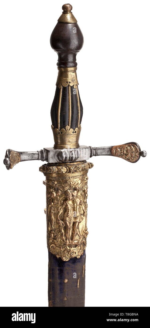 A German Gilt Renaissance Dagger 16th 19th Century Double Edged Blade Grooved On Both Sides With Reinforced Point And Short Ricasso Iron Curved Quillons Each Side With A Riveted Gilt Mascaron Leather Covered Brass Mounted Wooden