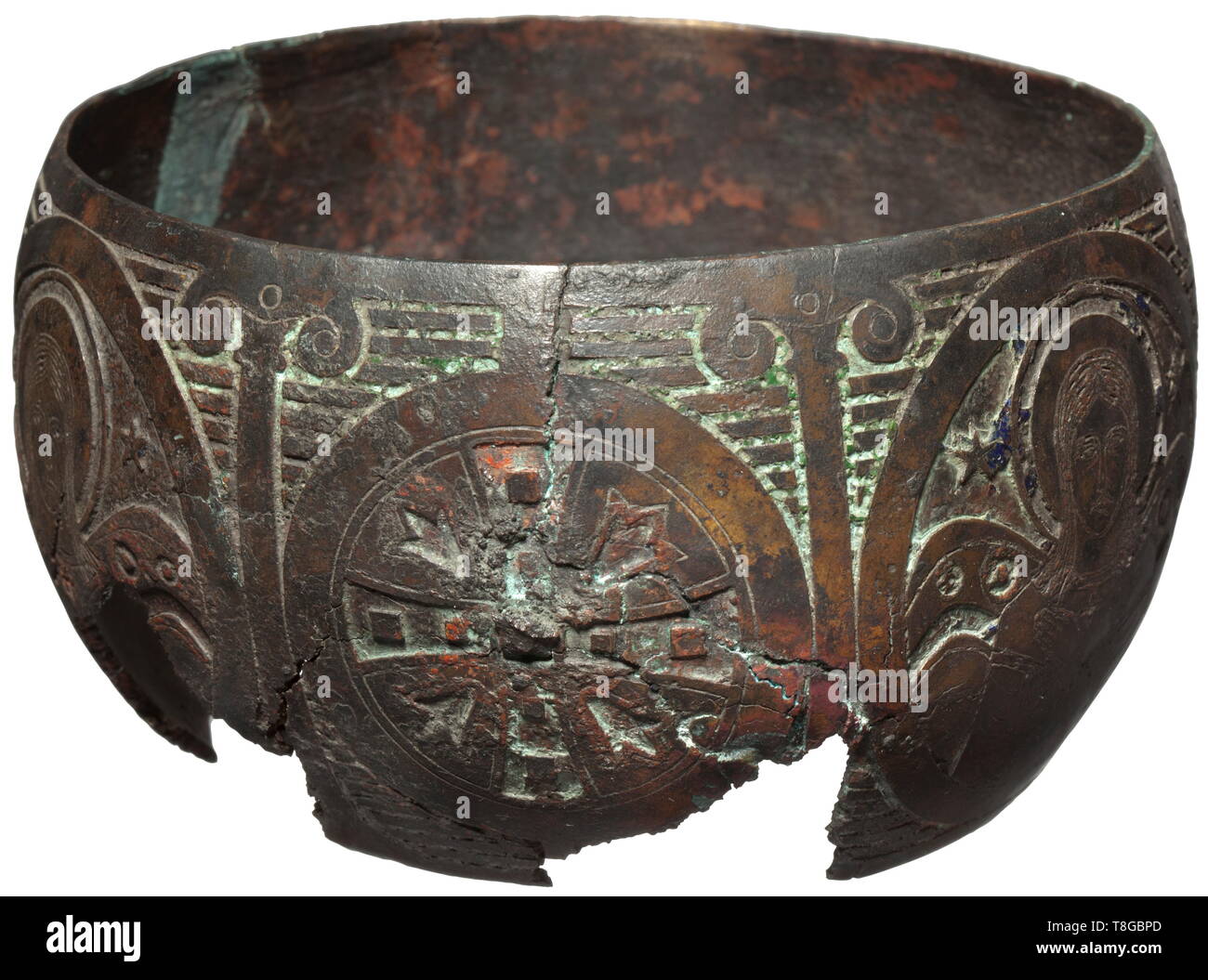 A Byzantine engraved and enamelled node, 10th - 12th century AD Bronze with black-brown pyre patina. Curved, round body with continuous, finely engraved depiction of Christ and Mary, each amid cross and pillar motifs. The engravings with remnants of multi-coloured enamel. Several cracks and two larger defects. Diameter 14 cm. Sophisticated and probably originally gilt part of a cup or the like. historic, historical, middle ages, Additional-Rights-Clearance-Info-Not-Available Stock Photo