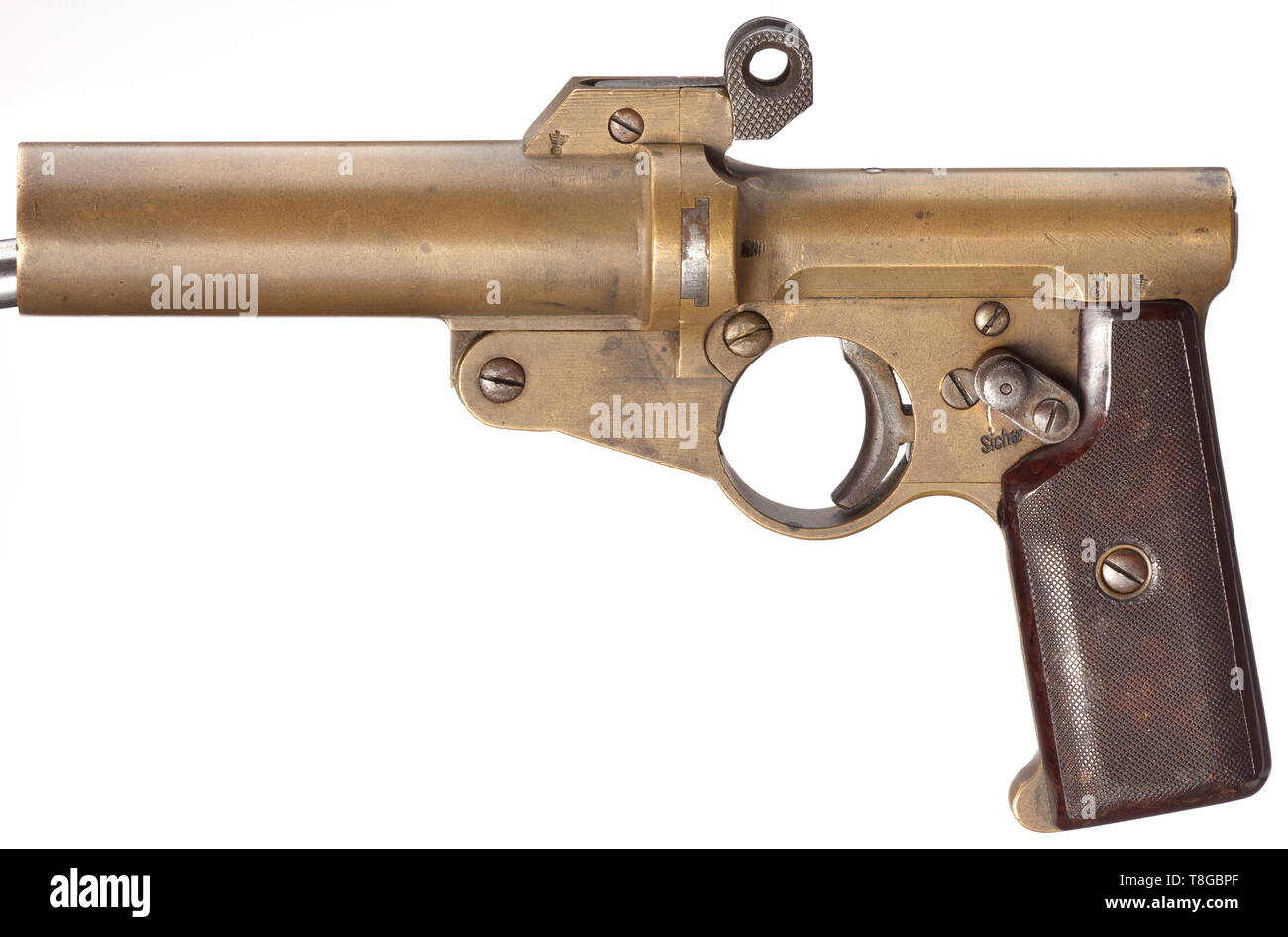 A single-barrelled signal pistol mod. A.W.W, Third Reich, navy Cal. 4, no. 614. Matching numbers. Drop barrel with snapper lock, length 112 mm. Total length 210 mm. Weight 905 g. Interior hammer. Safety. Signal pin. Construction attributed to Artilleriewerkstätten Wilhelmshaven. Slightly modified model. On left side of barrel latch and at rear of bolt housing navy acceptance marks eagle/swastika, 'M' missing. No further stamps or inscriptions. Brass grip frame and barrel. Smooth trigger, modified opening lever, breech-block, modified safety, mechanical parts and screws made, Editorial-Use-Only Stock Photo