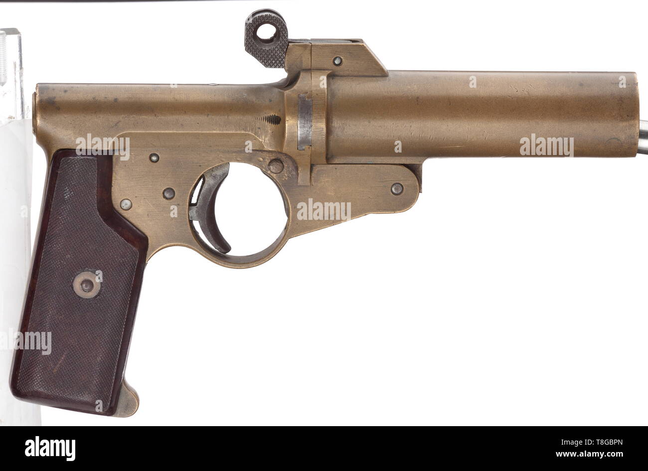 A single-barrelled signal pistol mod. A.W.W, Third Reich, navy Cal. 4, no. 614. Matching numbers. Drop barrel with snapper lock, length 112 mm. Total length 210 mm. Weight 905 g. Interior hammer. Safety. Signal pin. Construction attributed to Artilleriewerkstätten Wilhelmshaven. Slightly modified model. On left side of barrel latch and at rear of bolt housing navy acceptance marks eagle/swastika, 'M' missing. No further stamps or inscriptions. Brass grip frame and barrel. Smooth trigger, modified opening lever, breech-block, modified safety, mechanical parts and screws made, Editorial-Use-Only Stock Photo