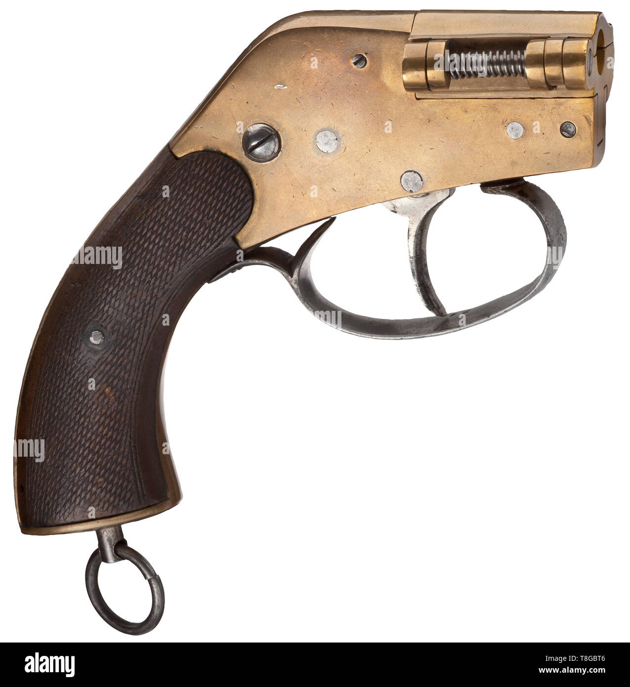 A barrelless aviator's flare pistol, Eisfeld system, brass Cal. 11mm special cartridge with pre-charge, no. E 1124. Matching numbers. Folding lock. Double action. Designing engineer J.F. Eisfeld, Silberhütte/Sachsen-Anhalt. Manufactured by the Eisfeld Company Apart from serial number no other stamps or inscriptions. Brass manufacture. Trigger guard, operational and small parts made of steel. Matching-numbered walnut grip panels with fine chequering. Lanyard loop. Widely unknown and extremely rare brass model for the imperial air force and the army in very good overall condi, Editorial-Use-Only Stock Photo