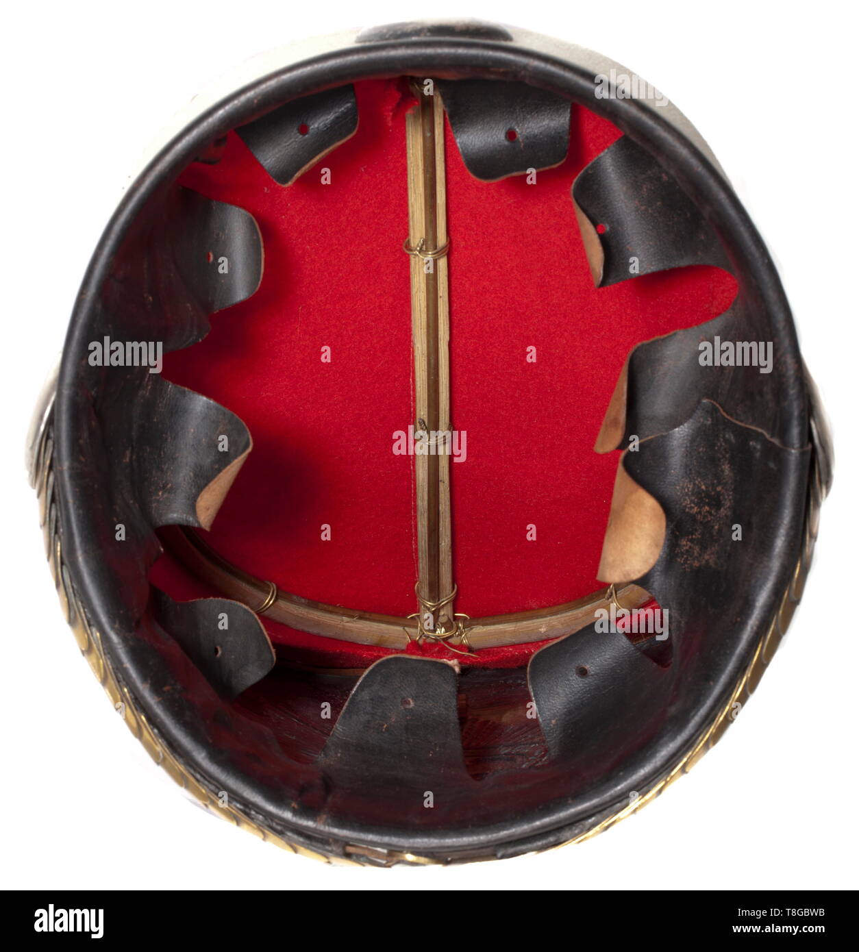 A grenadier cap M 1894 for enlisted men in the Castle Guard Company, circa 1900 Silver plate with embossed guard star under a royal crown, convex brass chinscales with scattered silver traces, leather underlay. Red bag, white lace and white edging with three applied flaming grenade symbols in silver, affixed black-white pompom. Leather liner with loops. Signs of age. With replacements, re-worked, original parts used. Rare. historic, historical, Prussian, Prussia, German, Germany, militaria, military, object, objects, stills, clipping, clippings, , Additional-Rights-Clearance-Info-Not-Available Stock Photo