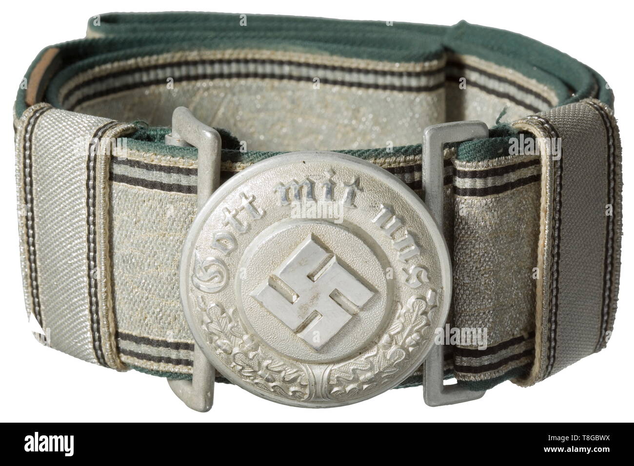 A parade waist belt for leaders Waist belt buckle of silver-plated aluminium, with polished edges. The belt of spun aluminium (somewhat migrated) with woven-in runes and oak leaves, the reverse underlay in green cloth. Complete with both slides. historic, historical, 20th century, Additional-Rights-Clearance-Info-Not-Available Stock Photo