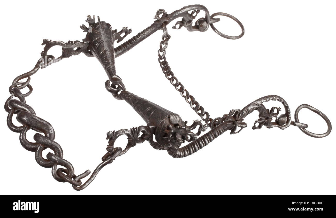 A lavishly ornamented curb bit, 16th century Delicately worked, wrought-iron clamps with cut mythical creatures and lavish openwork decoration, forged ornamental rosettes made from iron on the sides, hollow forged pieces for the tongue. Length 38 cm. Especially beautifully ornamented curb bit. historic, historical, Additional-Rights-Clearance-Info-Not-Available Stock Photo