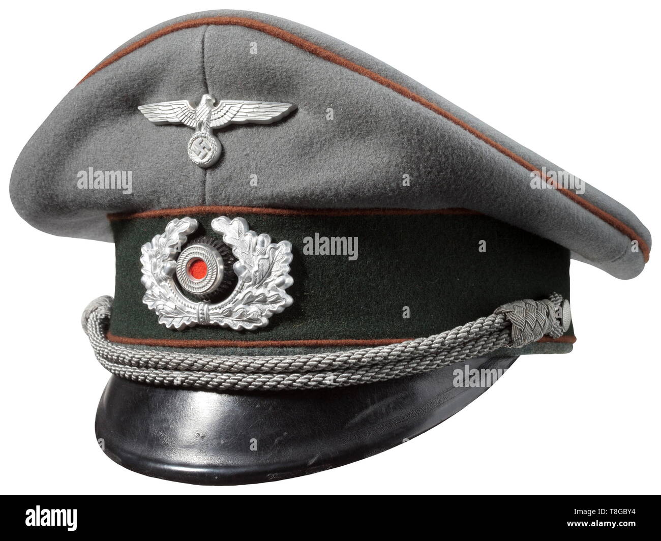 A visor cap for motorcycle officers Made of field grey gabardine, dark green cap band, copper-brown piping, silver officer's cord, silver-plated metal insignia, cream coloured inner liner with light brown sweat band, the salino with maker 'Special Beste Qualität'. A very rare service branch colour. historic, historical, 20th century, Additional-Rights-Clearance-Info-Not-Available Stock Photo