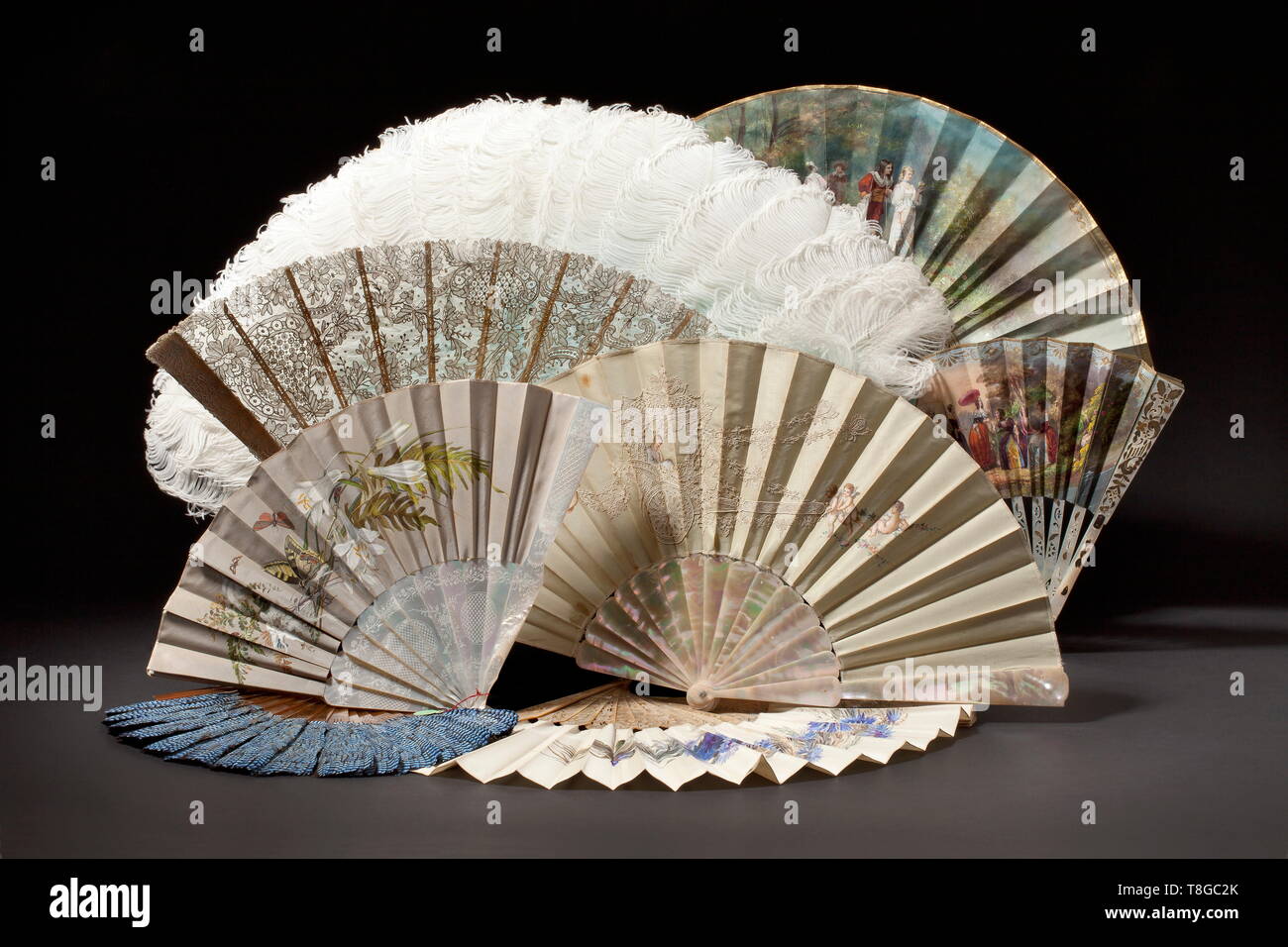 A German/French collection of 38 fans, 19th century Among them four feather fans, four brisé fans and 30 folding fans with frames made from wood, ivory, tortoiseshell, some partly gilt and from carved mother-of-pearl. The fan leaves painted with flowers and figures and made from silk, tulle, paper respectively lace. Three folding fans signed 'TW' (for Therese Weber) and manufacturer 'Thierry München', another exemplar signed 'Alexandre', one wooden fan with flower-shaped inscription 'VERA'. The feather fans with Eurasian jay and white ostrich fea, Additional-Rights-Clearance-Info-Not-Available Stock Photo
