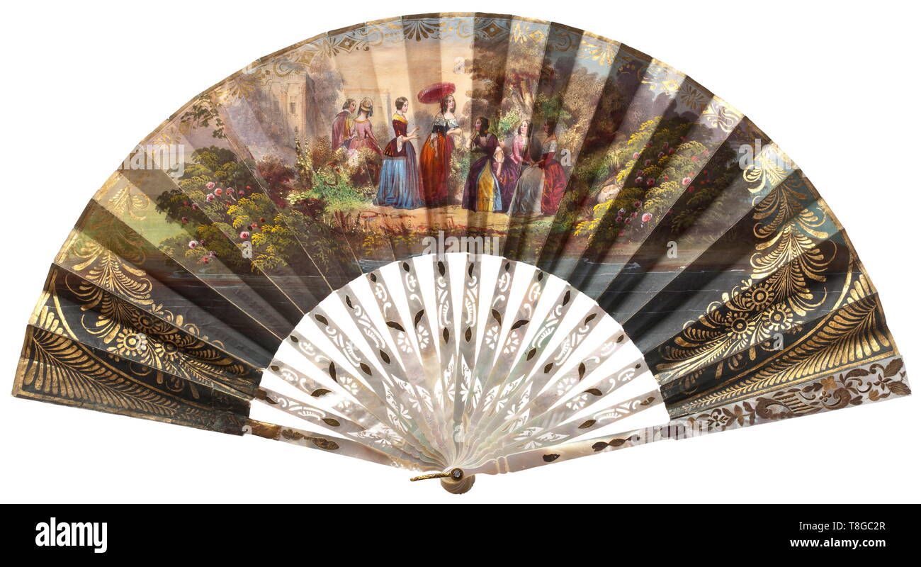 A German/French collection of 38 fans, 19th century Among them four feather fans, four brisé fans and 30 folding fans with frames made from wood, ivory, tortoiseshell, some partly gilt and from carved mother-of-pearl. The fan leaves painted with flowers and figures and made from silk, tulle, paper respectively lace. Three folding fans signed 'TW' (for Therese Weber) and manufacturer 'Thierry München', another exemplar signed 'Alexandre', one wooden fan with flower-shaped inscription 'VERA'. The feather fans with Eurasian jay and white ostrich fea, Additional-Rights-Clearance-Info-Not-Available Stock Photo