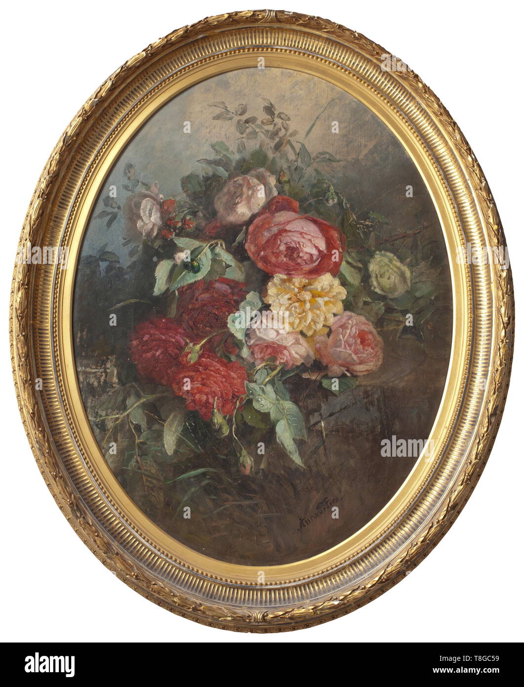 Anna Peters (1843 - 1926) - an oval floral still life with peonies, circa 1880 Oil on canvas. Signed on the lower right 'Anna Peters'. In a gilt plaster frame (with minimal spalling). On the reverse side remnants of an inventory label of Grand Duchess Olga Nikolaevna Romanova. Slightly rubbed. Dimensions of the painting 70 x 53 cm, dimensions of the frame 87 x 70 cm. Anna Peters - famous German painter of flowers. Worked in Stuttgart. Her paintings can be found at the Municipal Museum in Biberach, at the Museum in Stuttgart as well as at the form, Additional-Rights-Clearance-Info-Not-Available Stock Photo