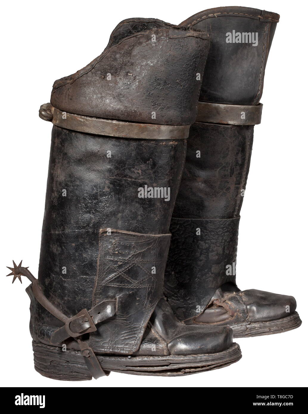 A pair of heavy riding boots, early 18th century Blackened leather, the strap-on gaiters with wheel spurs at back, the bootlegs reinforced with iron ferrules below the openings. Height 54 cm. A rare pair of boots in remarkably good condition. historic, historical, defensive arms, weapons, arms, weapon, arm, fighting device, object, objects, stills, clipping, clippings, cut out, cut-out, cut-outs, utensil, piece of equipment, utensils, 18th century, Additional-Rights-Clearance-Info-Not-Available Stock Photo