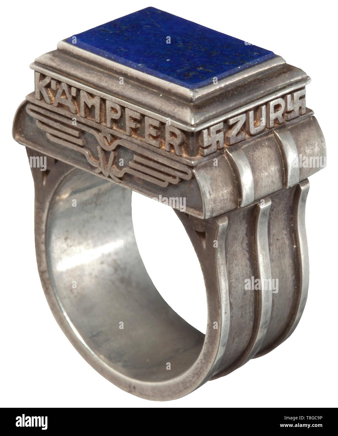 A Personal Gauleiter ring of Friedrich-Karl Florian Heavy, solid silver ring with the relief inscription "Dem Kämpfer zur Ehrung" between swastikas around a lapis lazuli gem, behind it a national eagle (swastika in its claws not visible). Goldsmith work of high quality. With a brown paper packet bearing the typewritten inscription (tr.) "Contents: 1 Gauleiter ring, personally received from Adolf Hitler, given during his visit to Düsseldorf in October 1937" and handwritten pencil note "Für Ditha Fritz". historic, historical, 20th century, 1930s, NS, National Socialism, Nazis, Editorial-Use-Only Stock Photo
