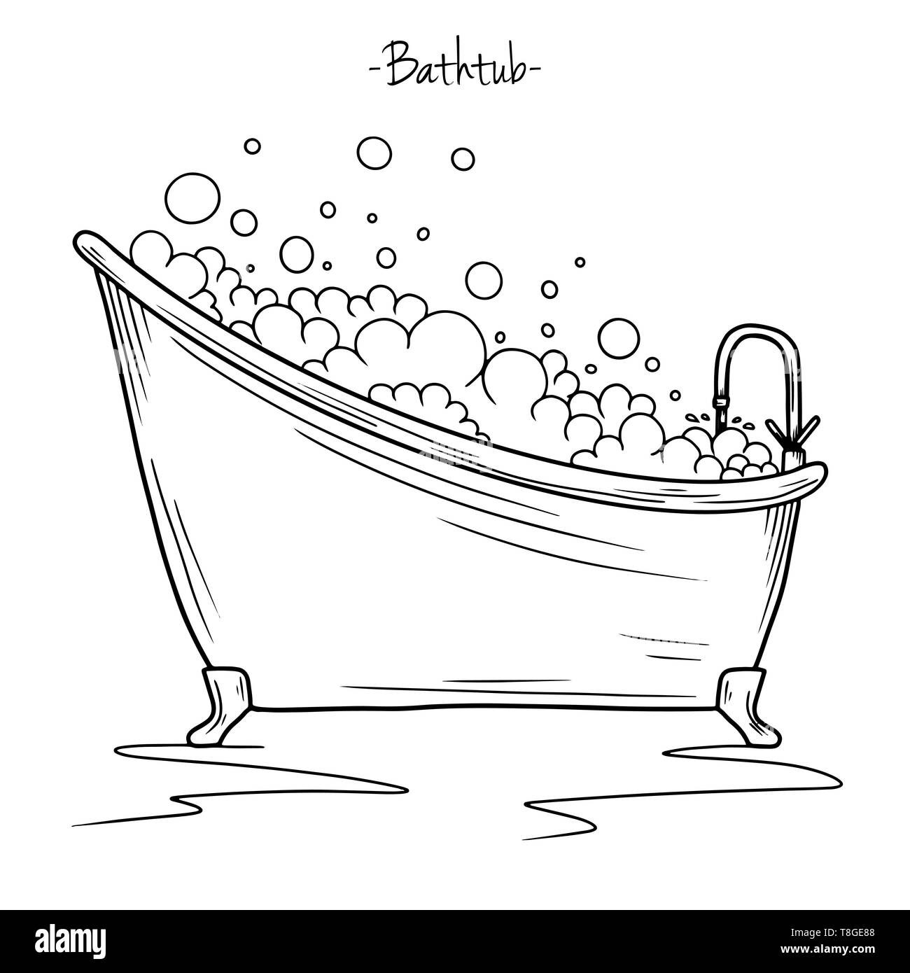 Sketch bath with tap and foam. Vector illustration in sketch style. Stock Vector