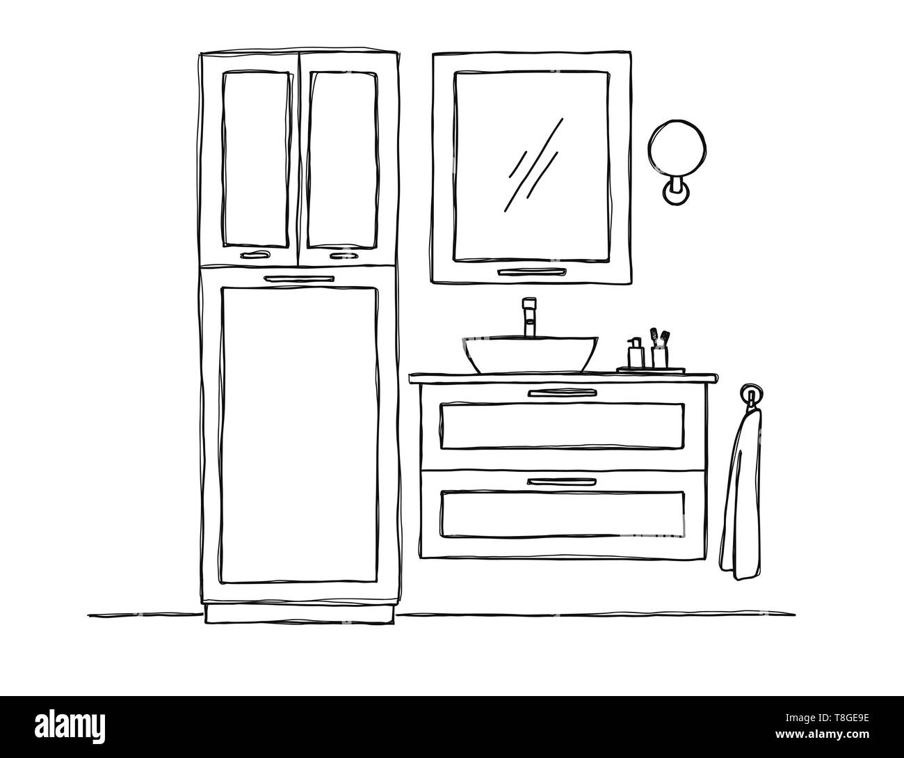 Sketch the bathroom. Bathroom furniture and washbasin. Vector Stock ...