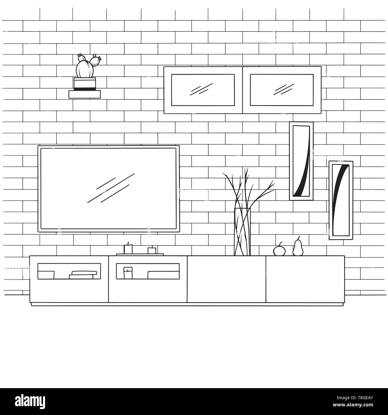 Linear Sketch Of The Interior Bookcase Dresser With Tv And