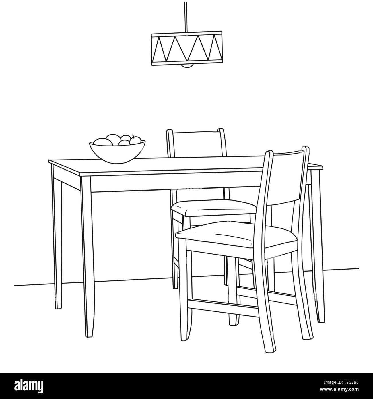 Part of the dining room. Table and chairs. Hand drawn sketch. Vector