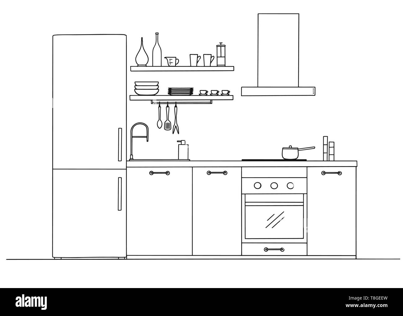Sketch of the kitchen front view. Vector illustration Stock Vector ...