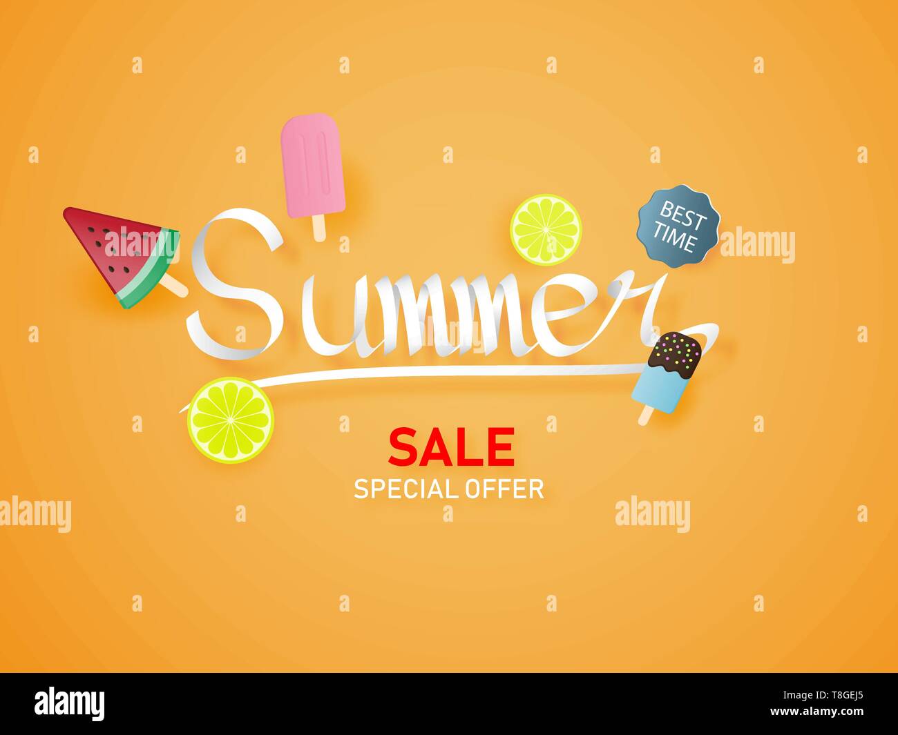 Summer lettering on orange background with ice cream, water melon, lime. Paper art paper cut style. Sale special offer. Vector illustration. Stock Vector