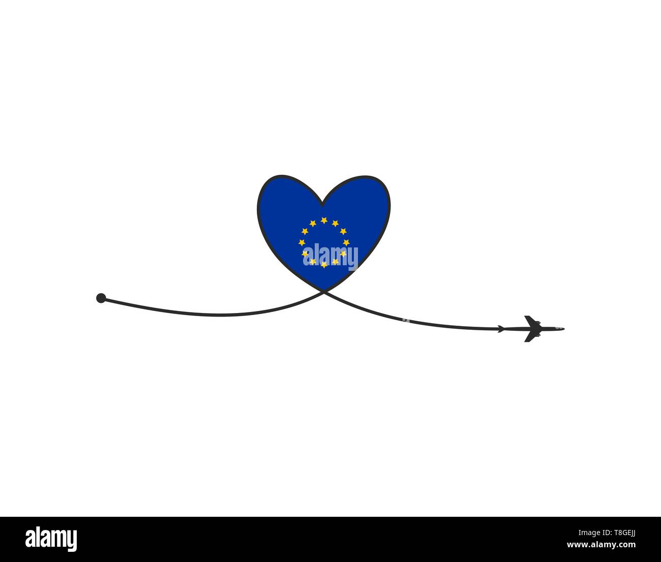 Plane and its track in the shape of a heart and an European Union flag on white background. Vector illustration. Aircraft flight path and its route Stock Vector