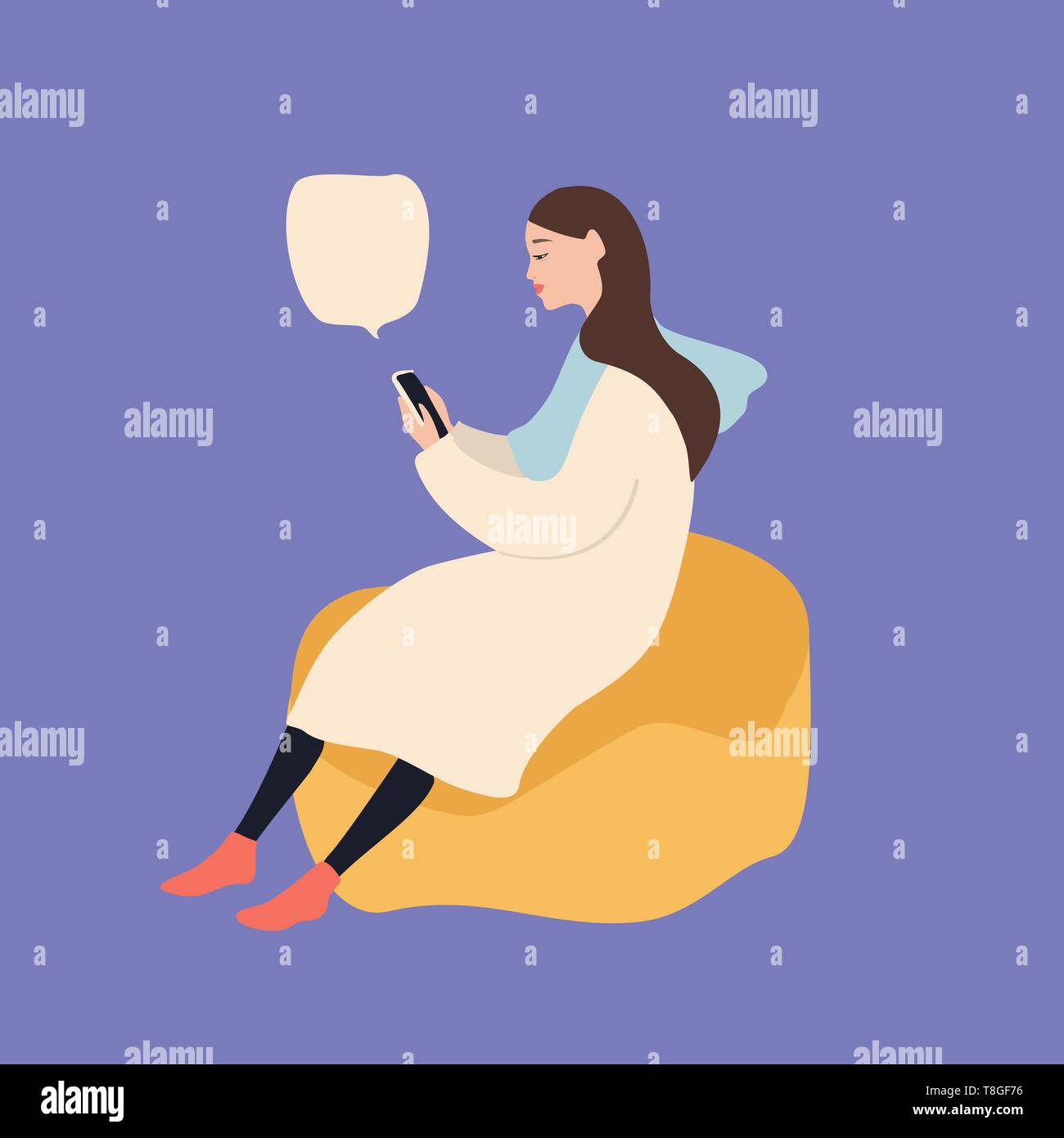 Beautiful caucasian woman sitting on a puff chair using smartphone, vector illustration on blue background Stock Vector