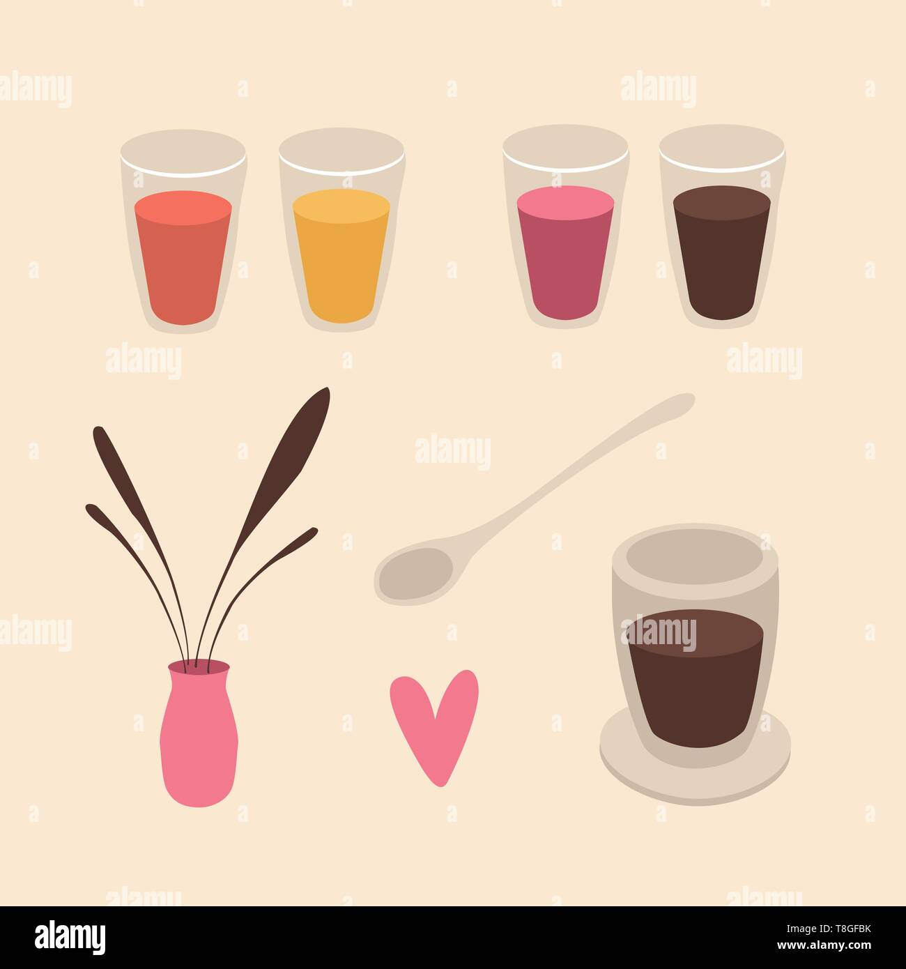 Set of cafe restaurant interior objects and drinks. Flat design Stock Vector