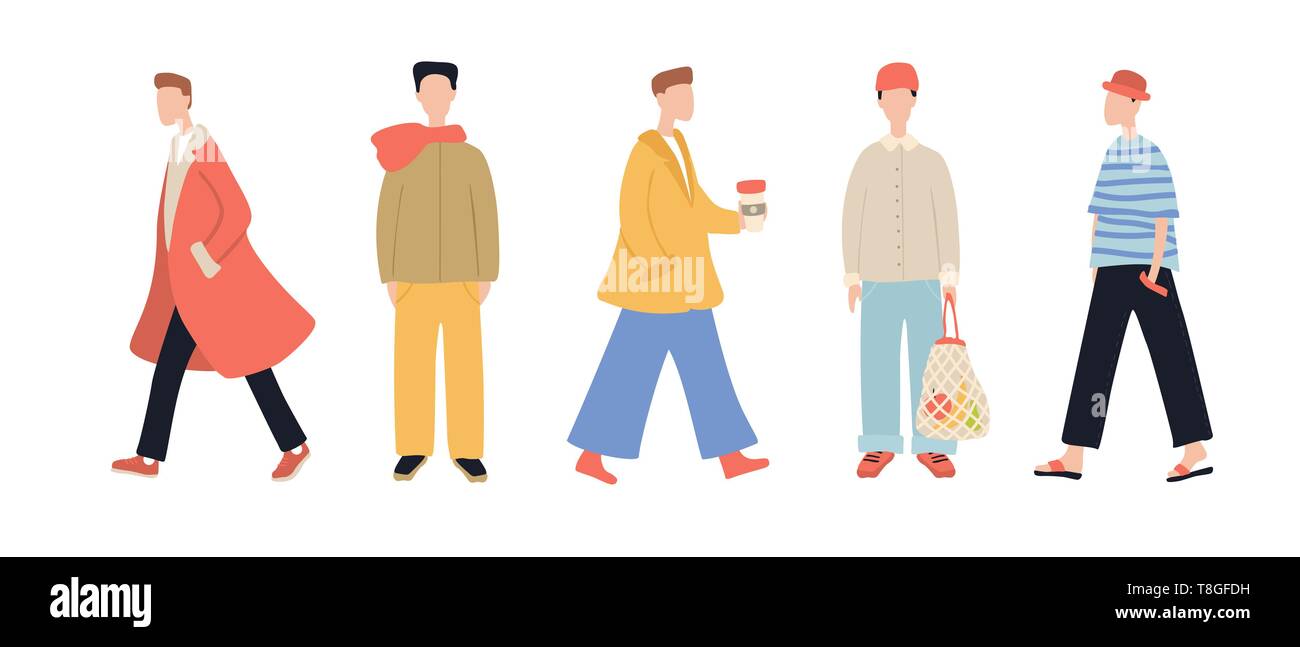 Group of stylish cartoon man characters wearing casual clothes isolated on white background Stock Vector