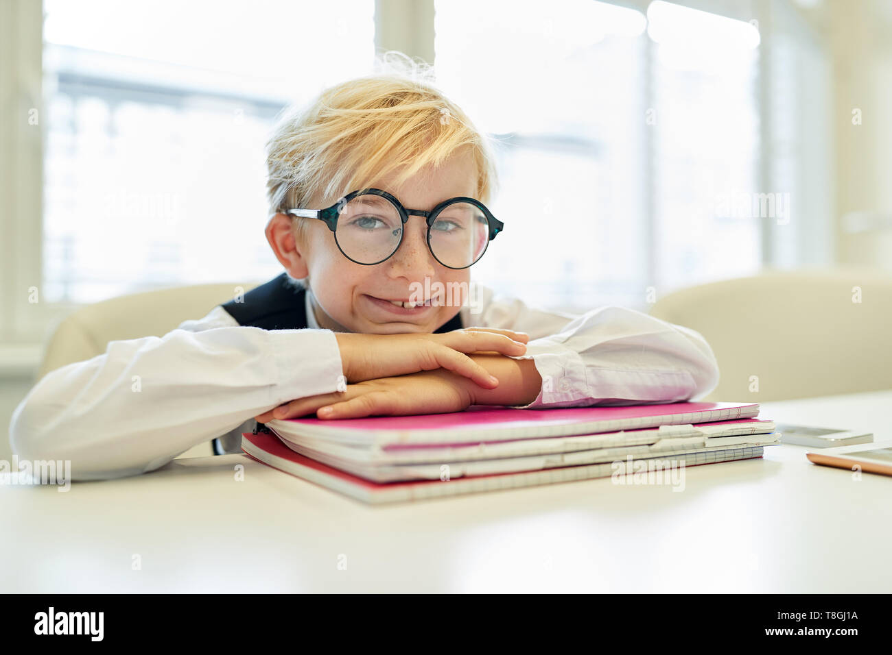 Smiling boy as a smart pupil with exercise books for the homework Stock Photo