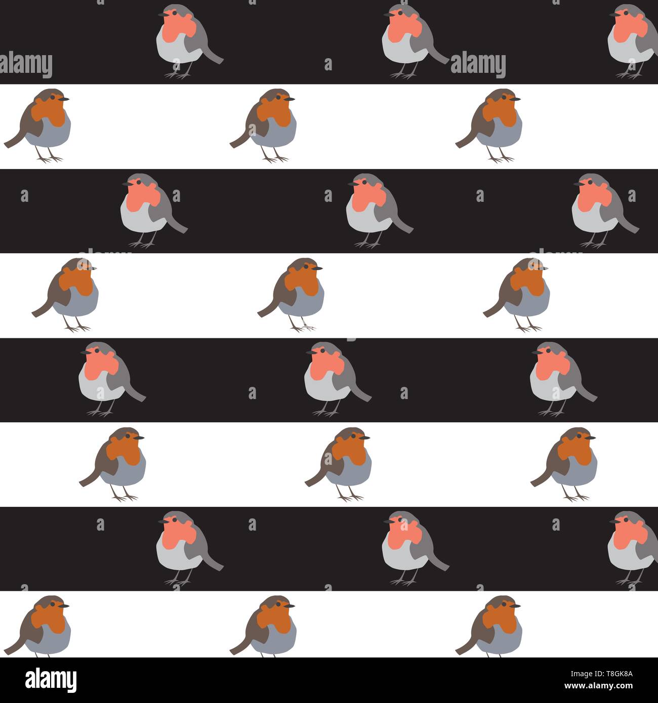 Robin Bird on black and white stripped background vector illustration Stock Vector