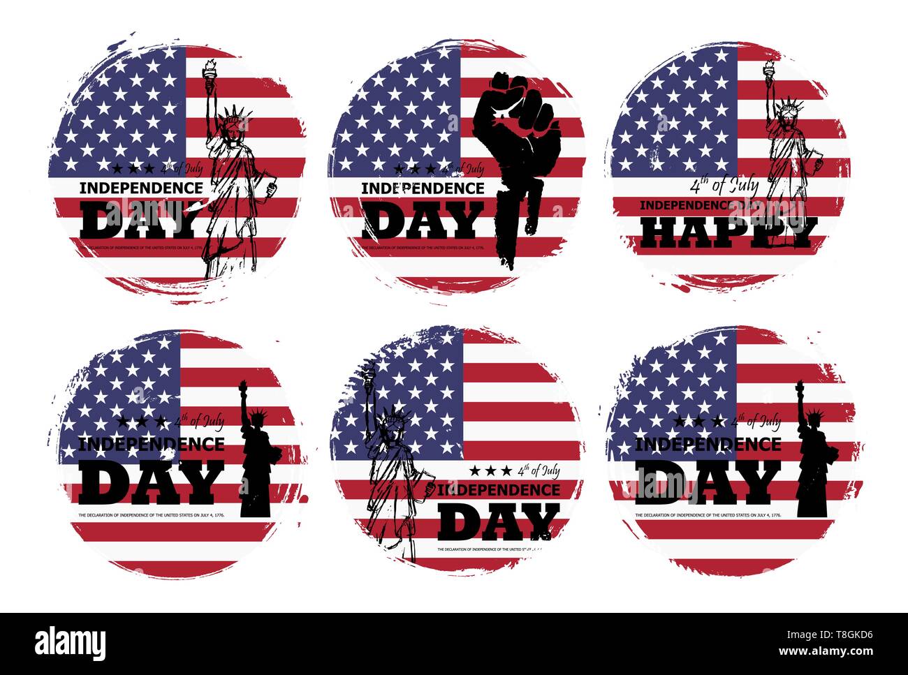 4th of July independence day of USA . Set of various grunge circle shape with america flag and statue of liberty drawing design . Elements vector Stock Vector