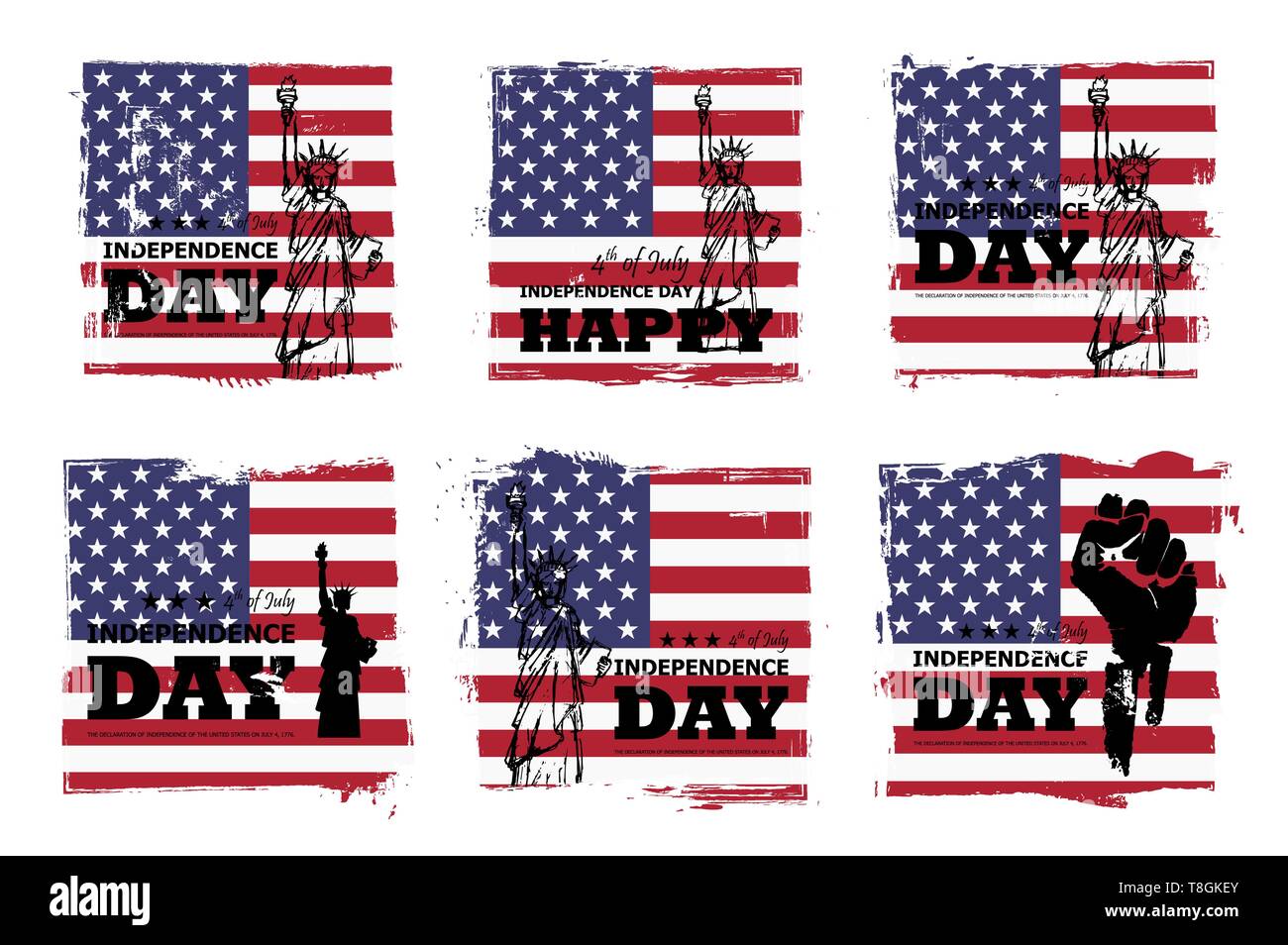 4th of July independence day of USA . Set of various grunge square shape with america flag and statue of liberty drawing design . Elements vector Stock Vector