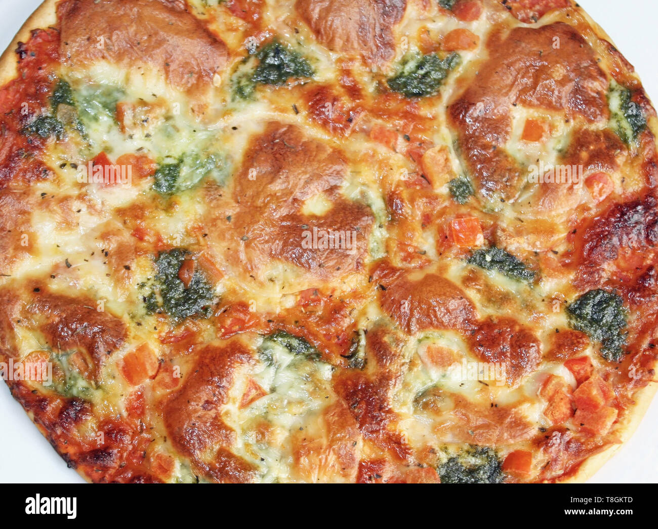 Cheesy pizza baked to a golden brown with spinach and diced tomatoes Stock Photo